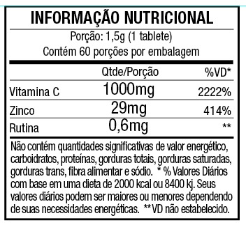 Vitamina C + Zinco - 60 Tabletes Tabela Nutricional da vitmaina c mais zinco